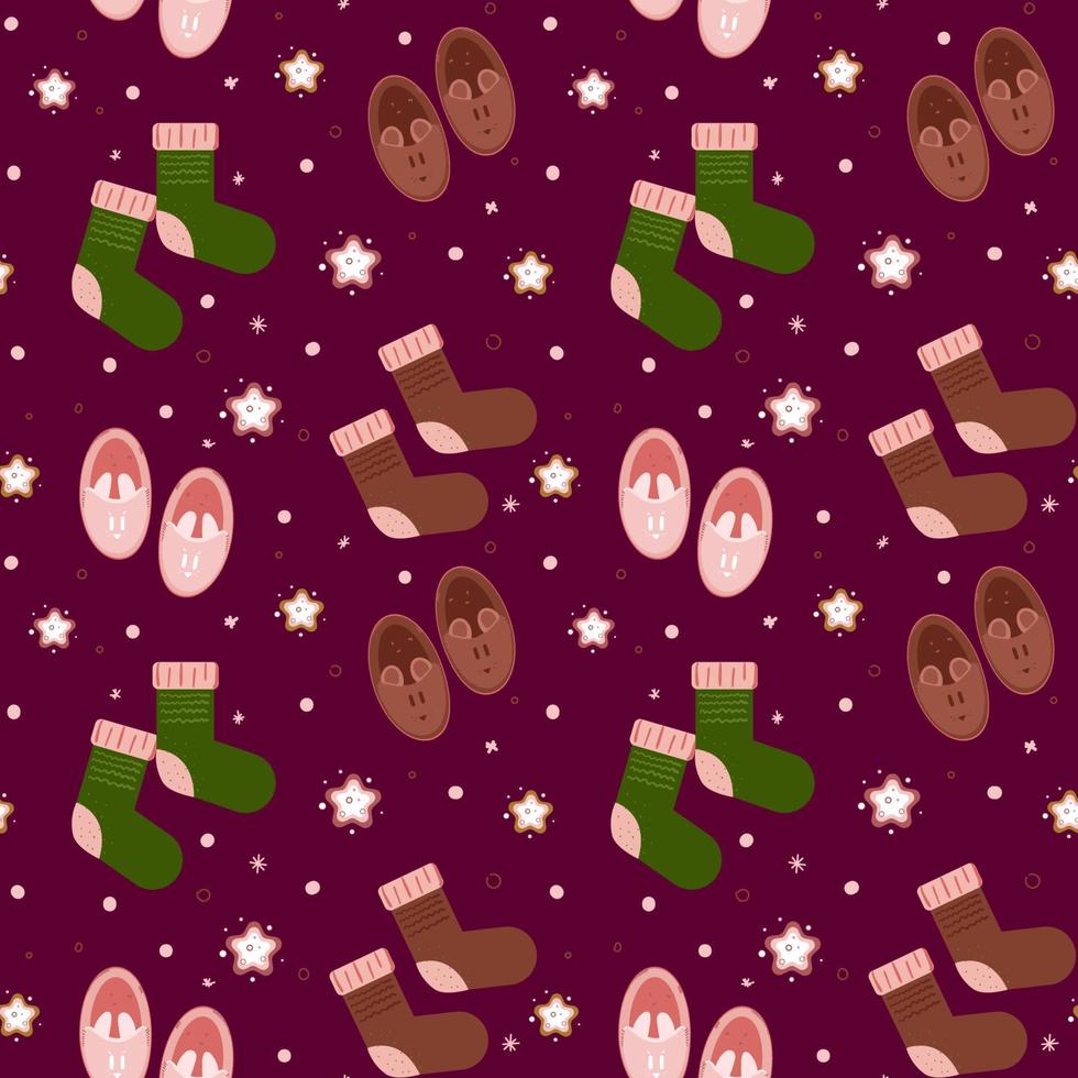 Cozy background with house slippers, socks and stars. Colorful modern illustration in simple hand-drawn style. Template for design backgrounds, textile, wrapping paper, package. vector