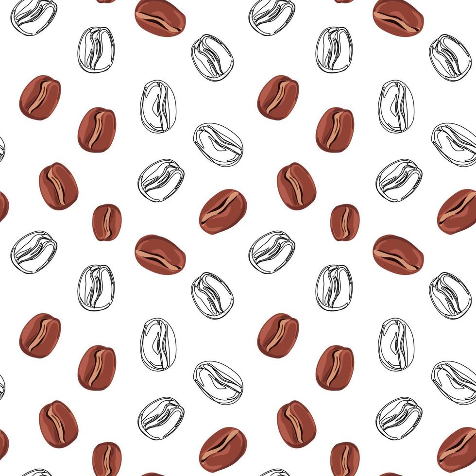 Black and white seamless pattern with coffee beans. Contour drawing of baking on a white background. Template for cafe, menu, paper. vector