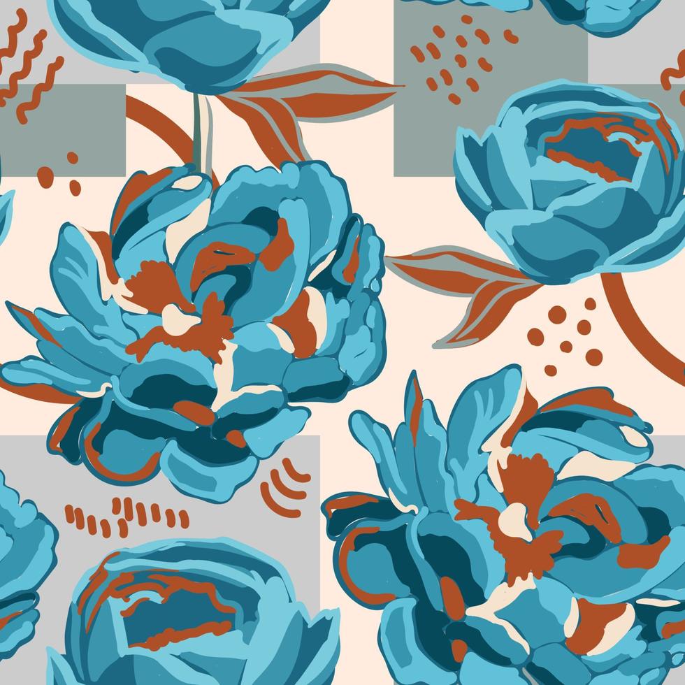 Peonies and leaves brushed strokes style, seamless pattern vector ,Design for fashion , fabric, textile, wallpaper, cover, web , wrapping and all prints.