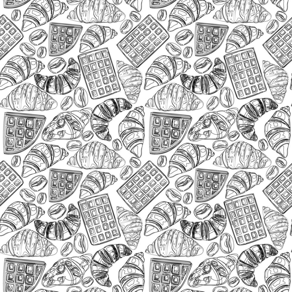 Black and white seamless pattern with croissants, waffles and coffee beans. Contour drawing of baking on a white background. Template for cafe, menu, paper. vector