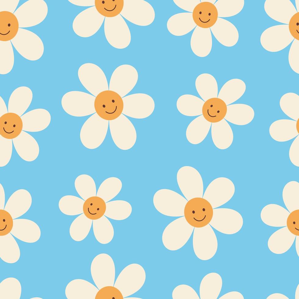 1970 seamless naive pattern with a daisy with a smile. Hippie aesthetics. Retro floral blue background. Hand drawn vector illustration. Flat Design. Nursery print