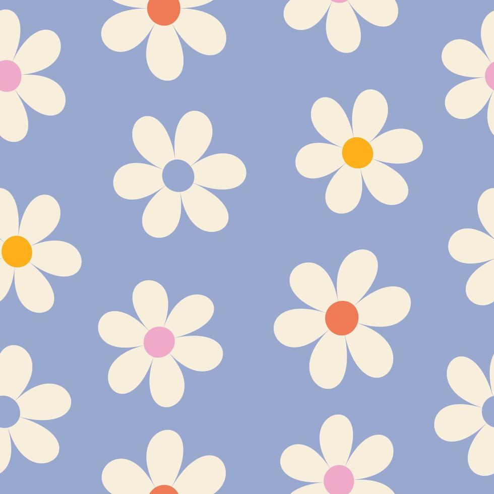 Floral pattern in the style of the 70s with groovy daisy flowers. Retro floral vector design. Style of the 60s, 70s, 80s