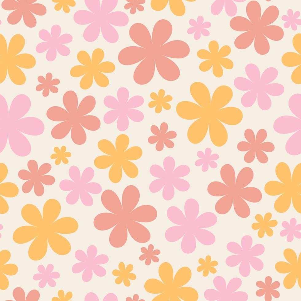 Pastel floral pattern in the style of the 70s with groovy daisy flowers. Retro floral vector design. Style of the 60s, 70s, 80s