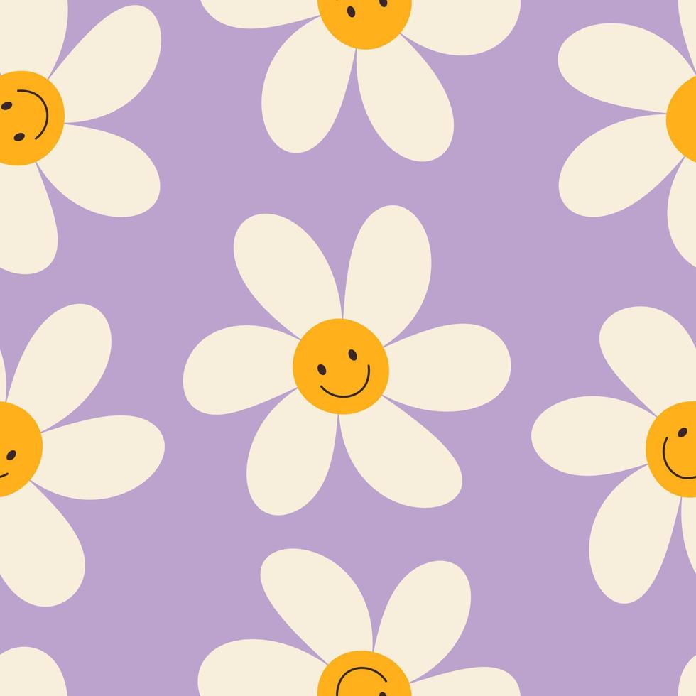 1970 seamless naive pattern with a daisy with a smile. Hippie aesthetics. Retro floral lavender background. Hand-drawn vector illustration. Flat Design. Style of the 60s, 70s, 80s.