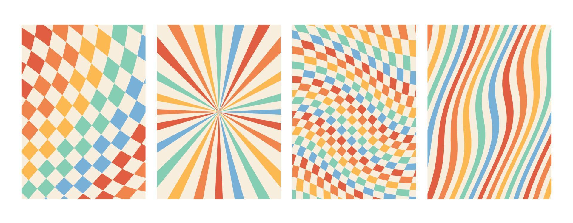 Groovy rainbow backgrounds. Chessboard, grid, waves, swirl, twirl pattern.. Twisted and distorted vector texture in a trendy retro psychedelic style. The aesthetics of the hippies of the 70s.