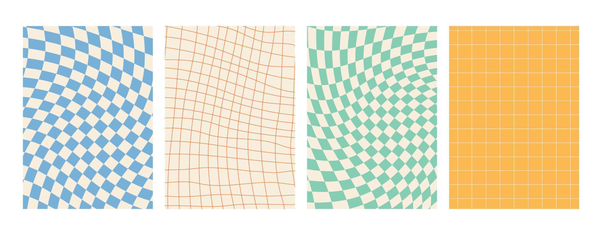 Groovy hippie Y2KIs backgrounds. Chessboard, mesh, waves, swirl, twirl pattern. Twisted and distorted vector texture in a trendy retro psychedelic style. The aesthetics of the hippies of the 70s.