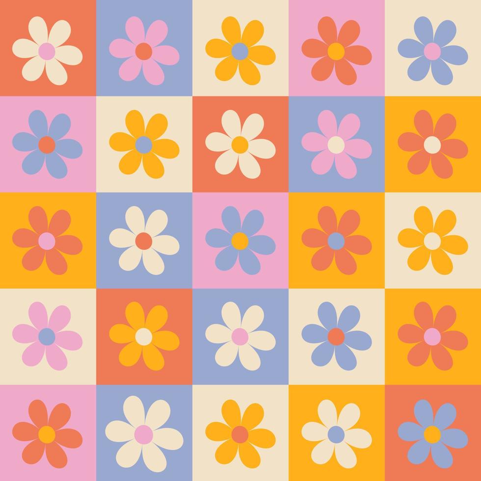 Hippie retro vintage flowers seamless pattern in 70s-80s style. Flat vector illustration.