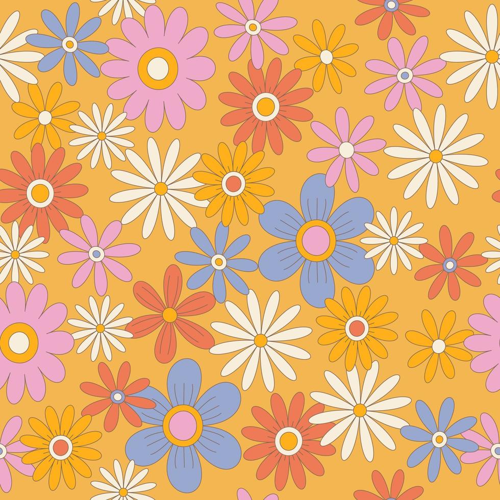 Floral vector pattern, in the style of the 70s. Great for fabrics and packaging. Yellow, brown, blue colors. Retro style