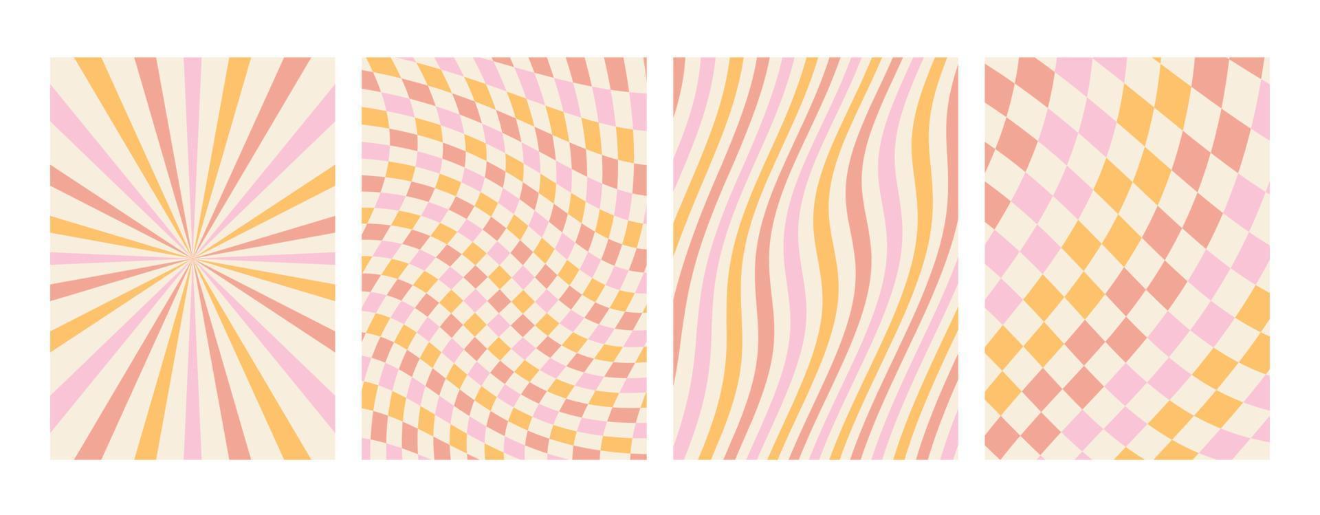 Groovy rainbow pastel backgrounds. Chessboard, grid, waves, swirl, vortex pattern.. Twisted and distorted vector texture in a trendy retro psychedelic style. The aesthetics of the hippies of the 70s.