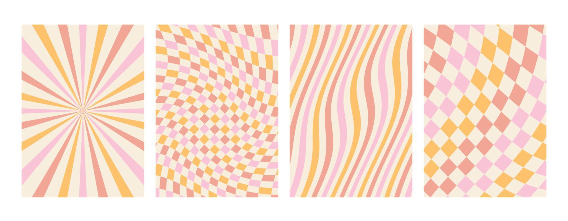 Groovy rainbow pastel backgrounds. Chessboard, grid, waves, swirl, vortex pattern.. Twisted and distorted vector texture in a trendy retro psychedelic style. The aesthetics of the hippies of the 70s.