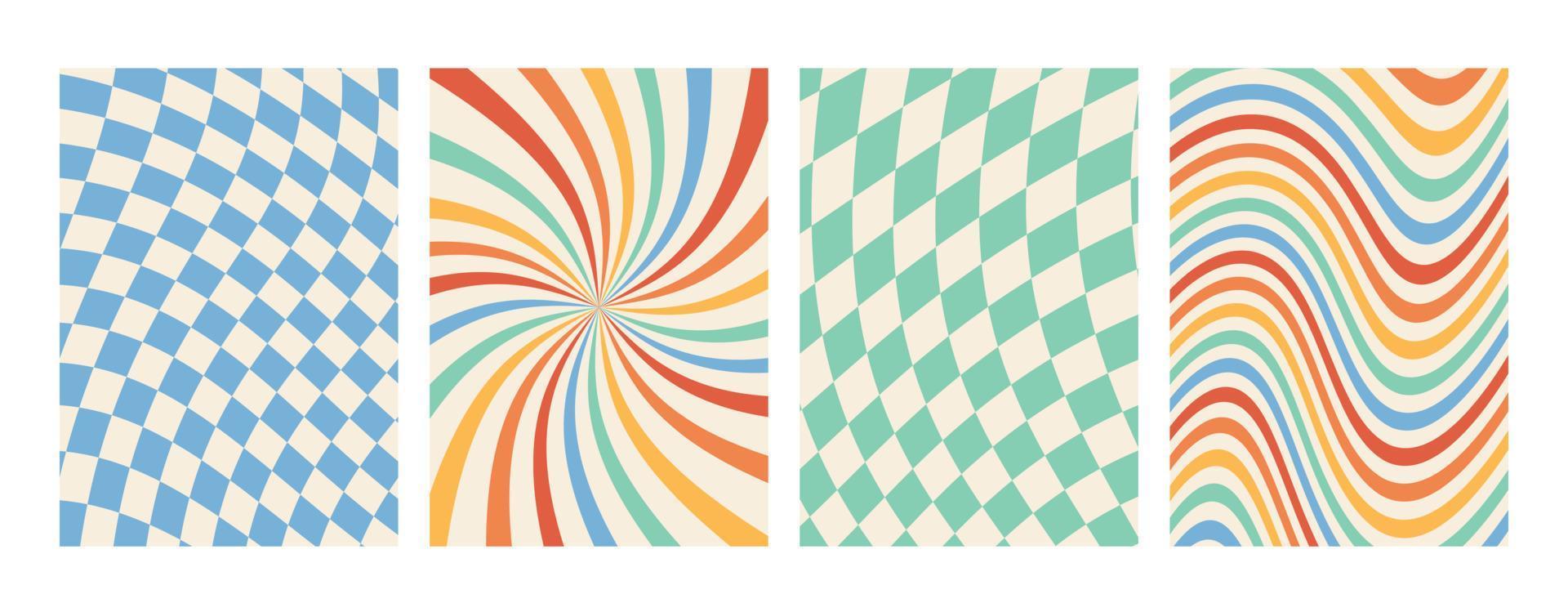 Groovy rainbow backgrounds. Chessboard, grid, waves, swirl, twirl pattern.. Twisted and distorted vector texture in a trendy retro psychedelic style. The aesthetics of the hippies of the 70s.