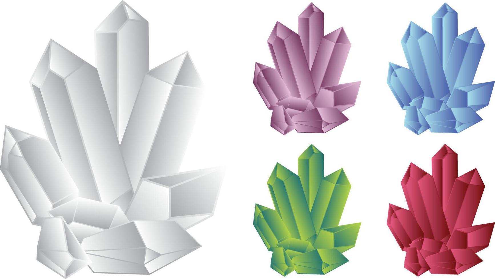 Group of colorful crystals. Gray, green, Purple, light Blue and red gems are isolated on a white background. vector