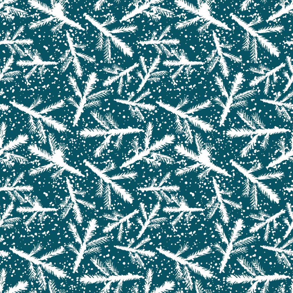 Seamless spruce branch pattern. Seamless spruce branches vector with snowflakes in white on blue background.  Christmas pattern for printing on fabric or wrapping paper.