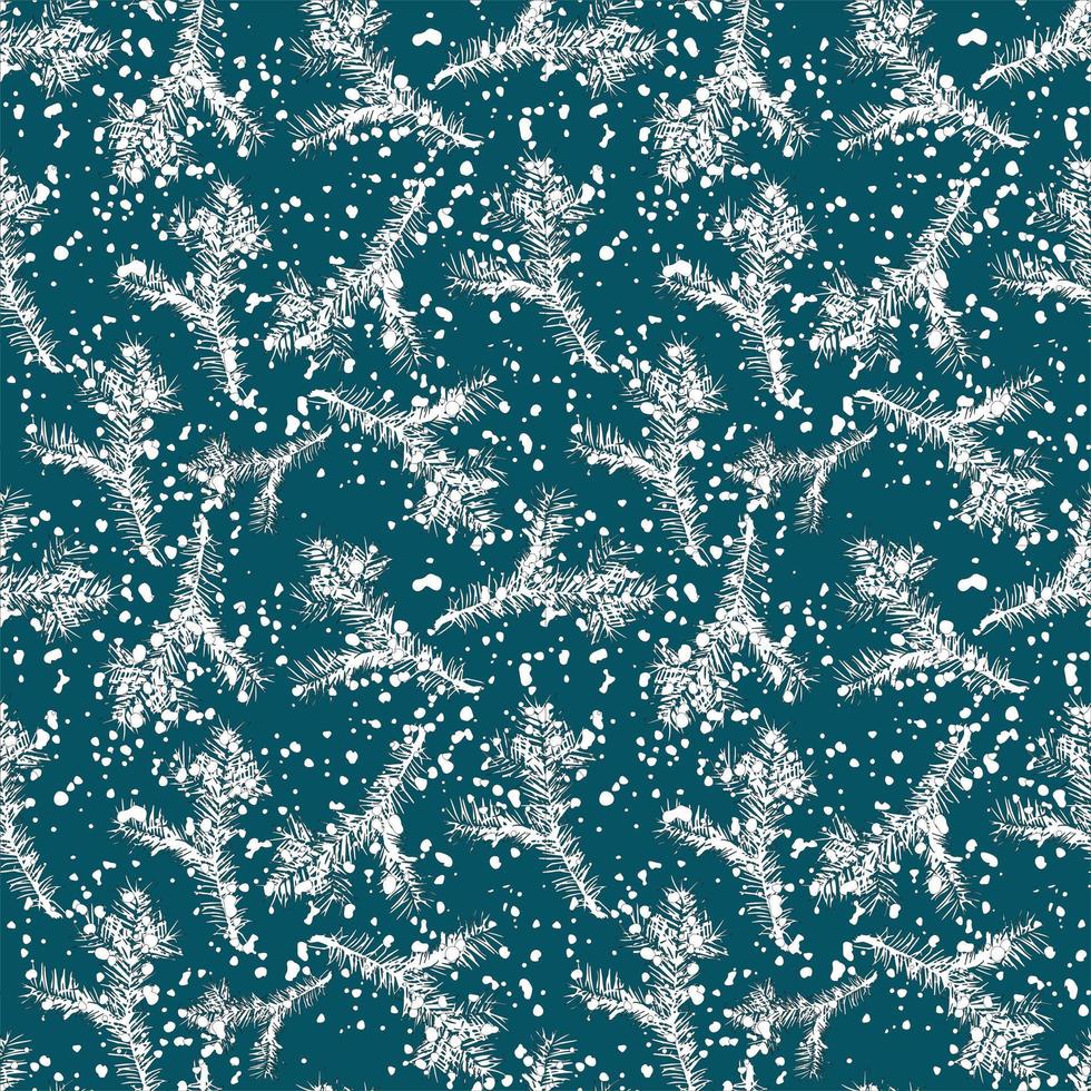 patrón de rama de abeto sin costuras. vector de ramas de abeto transparente con copos de nieve en blanco sobre fondo azul. patrón navideño para imprimir en tela o papel de regalo.
