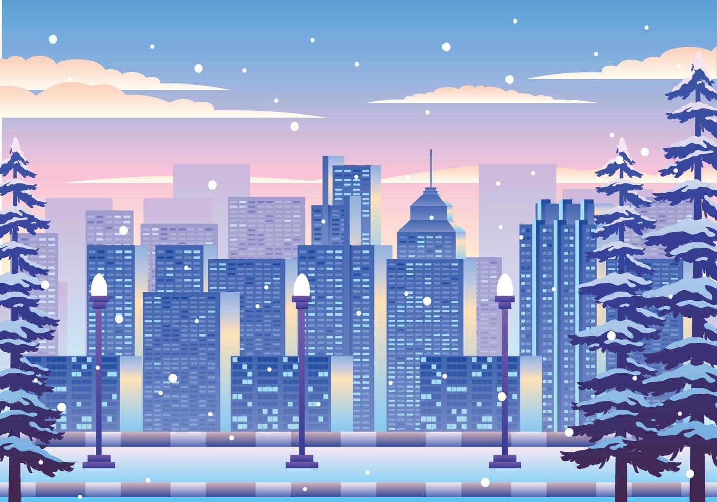 ilustración de paisaje de ciudad de invierno nevado vector