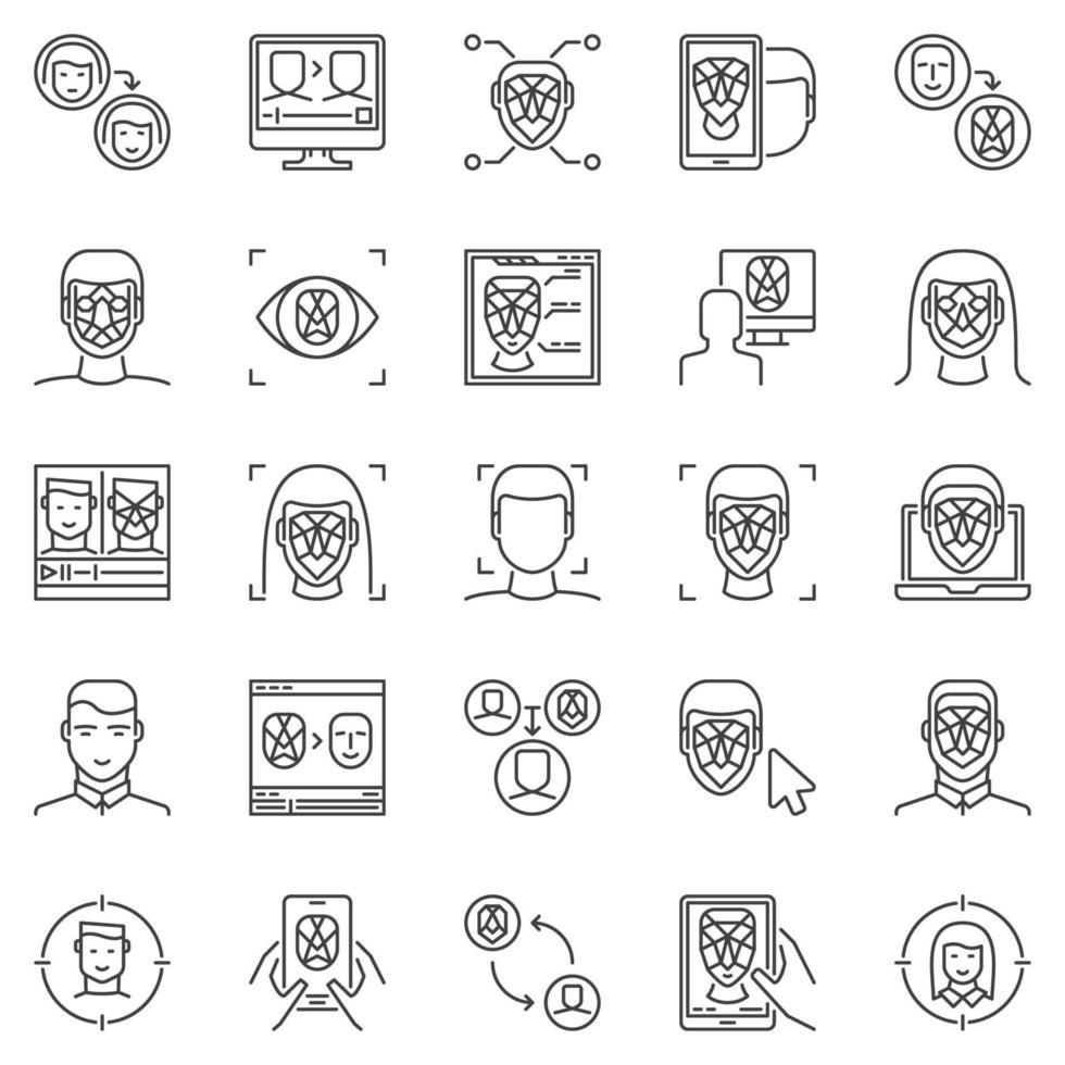 Face Recognition and Authentication line vector icons set