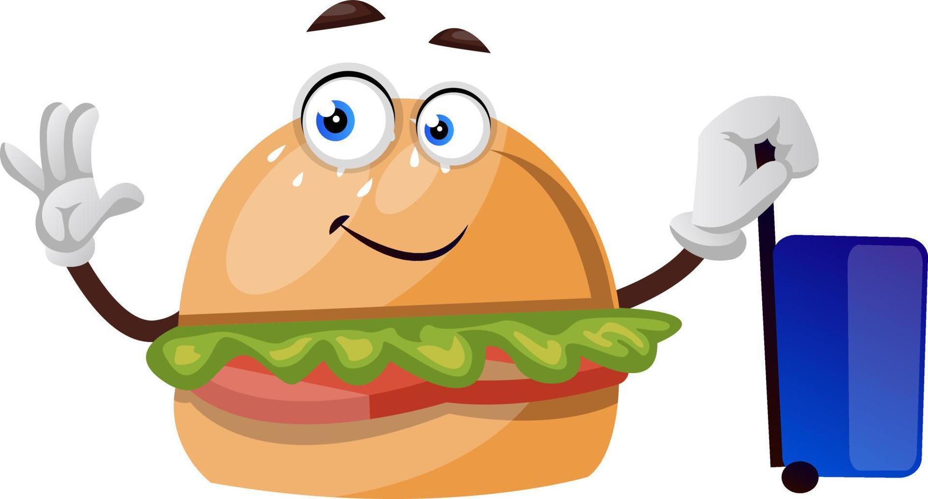 Burger with blue suitacse, illustration, vector on white background.