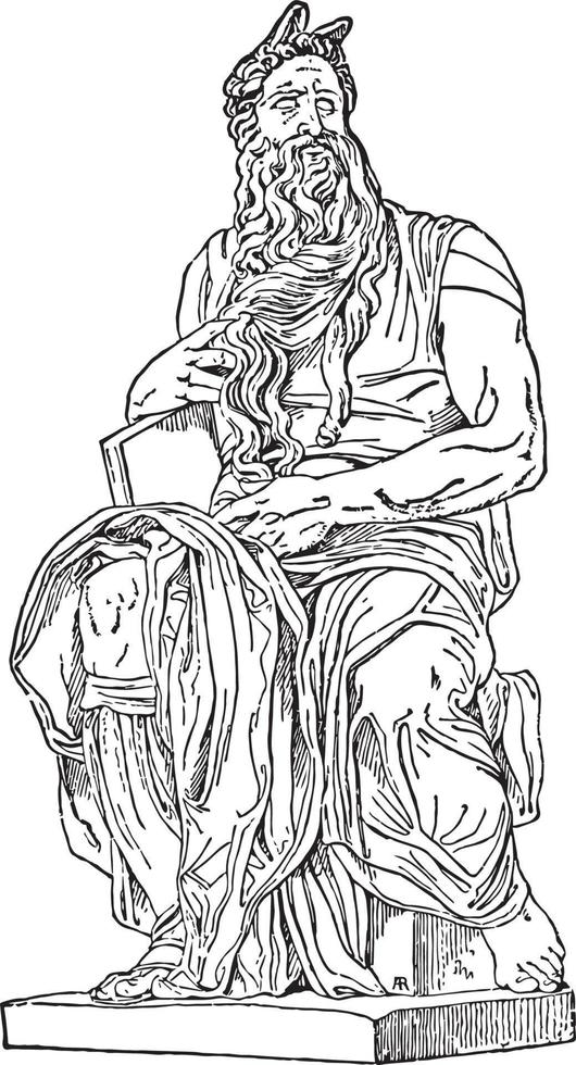 Moses Sculpture is a sculpture by the Italian High Renaissance artist Michelangelo Buonarroti, vintage engraving. vector