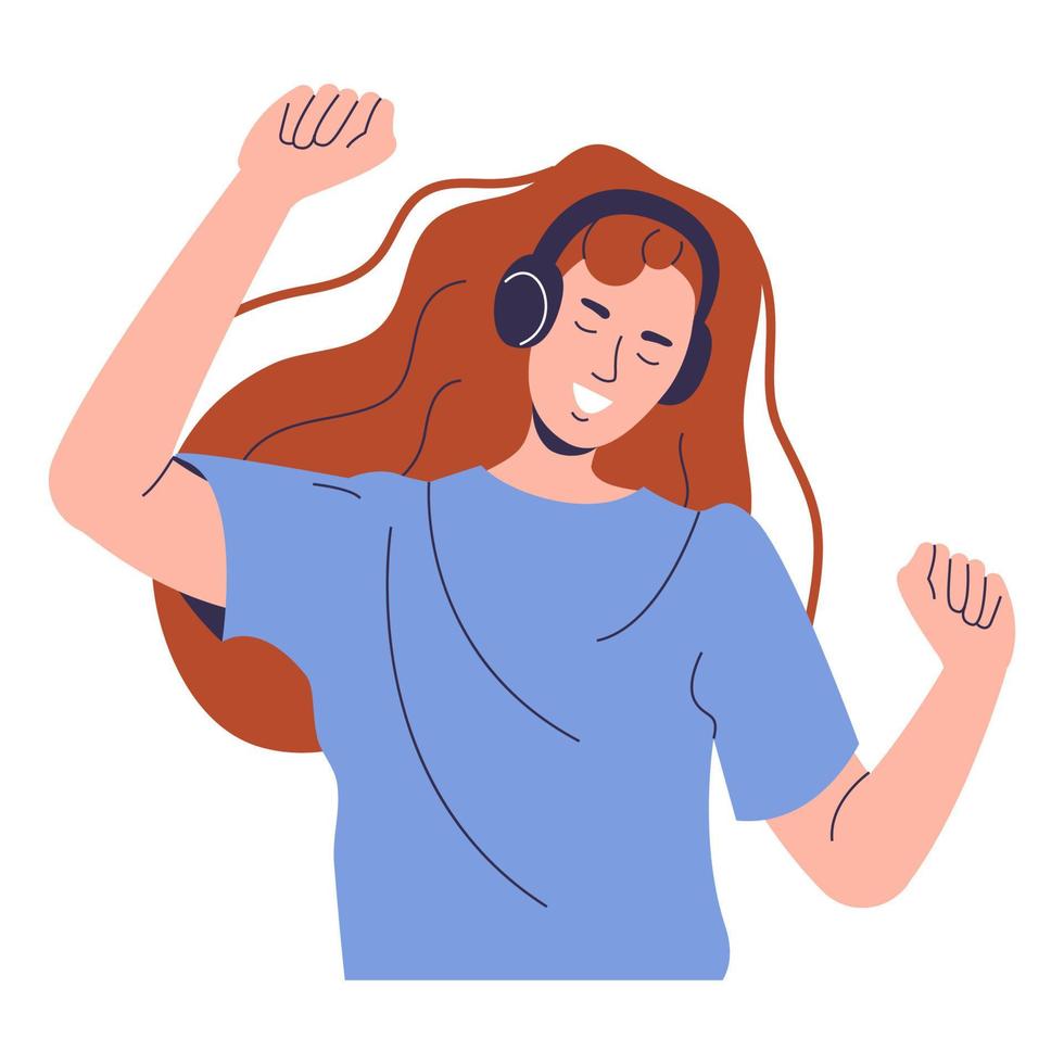 una chica pelirroja con auriculares está bailando. una mujer feliz ha levantado las manos y está escuchando música vector