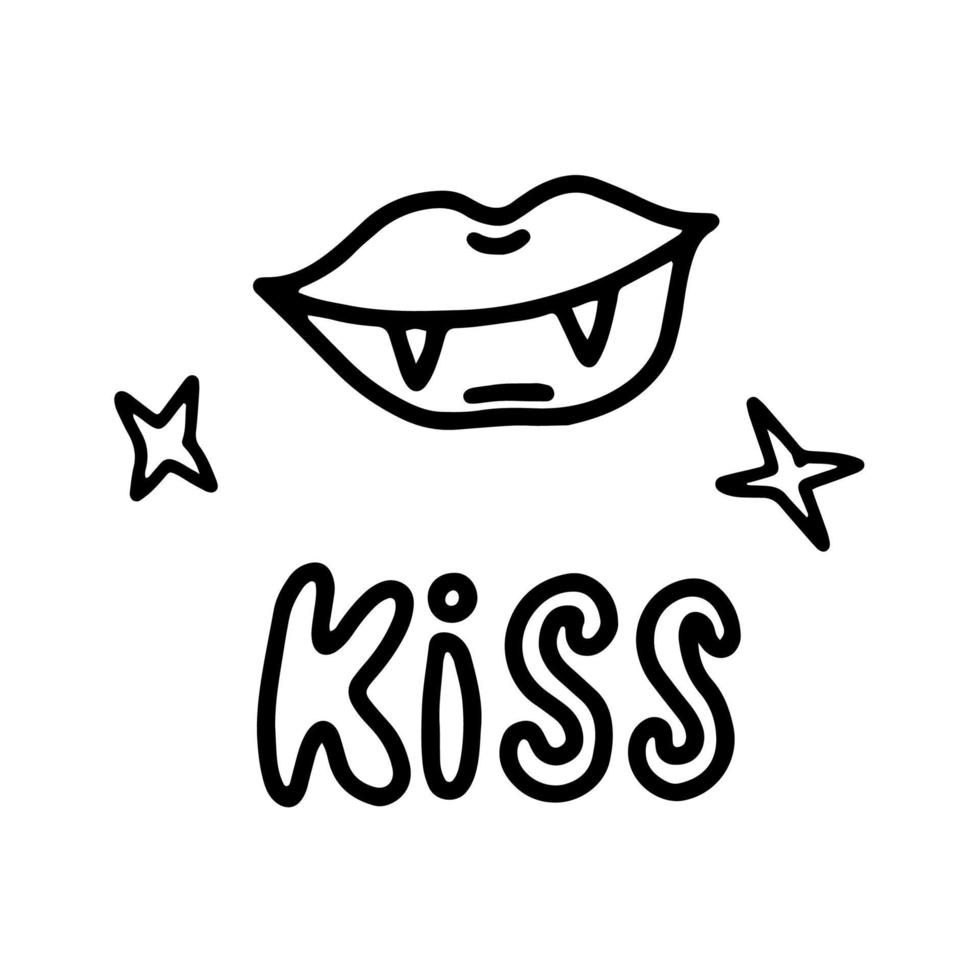 Doodle drawing by hand of lips. A vampire's mouth. A smile with the inscription Kiss. Sketch of a smile. retro sticker of the 90s vector