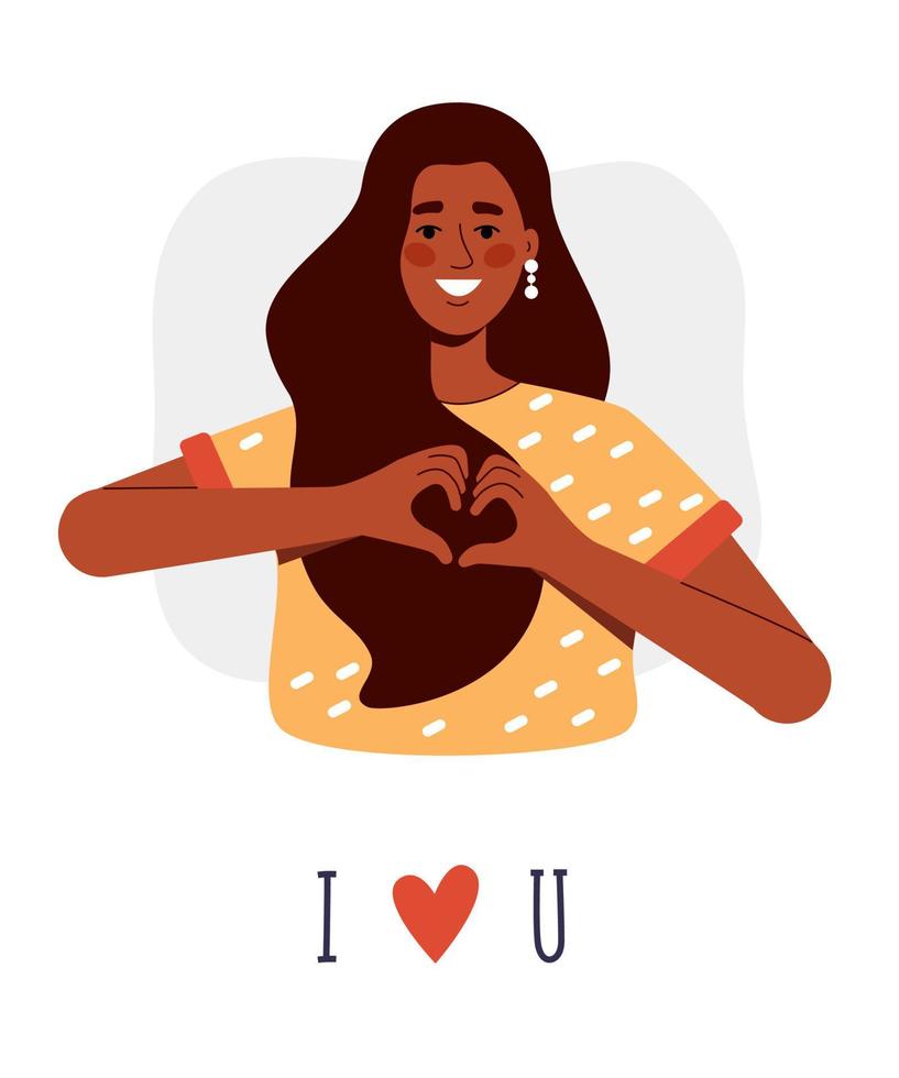 una chica morena de piel oscura muestra un corazón con las manos como símbolo de amor. ilustración vectorial sobre un fondo blanco vector