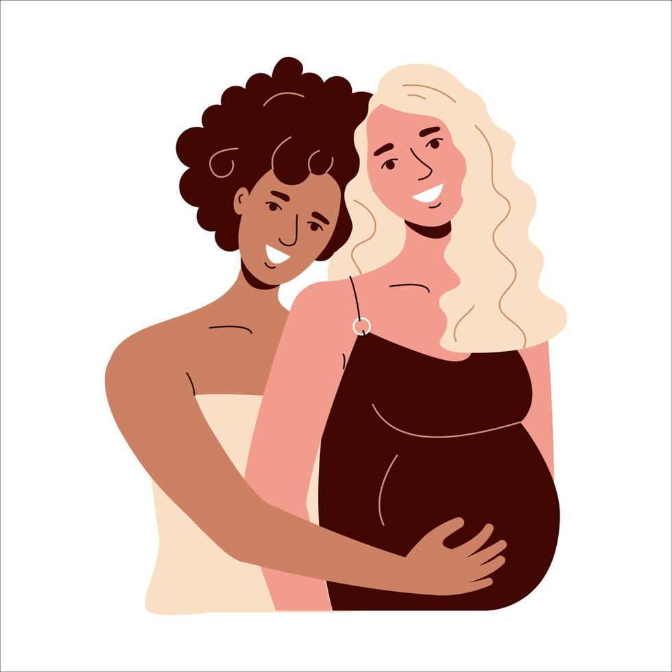 Pregnant women smile. Lesbian girlfriends are married and will have a baby. Interracial lgbt family vector