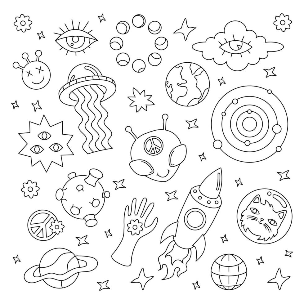 A set of doodle vintage elements. UFO, space, hippie, futurism, retro. Black and white pattern with funny vector