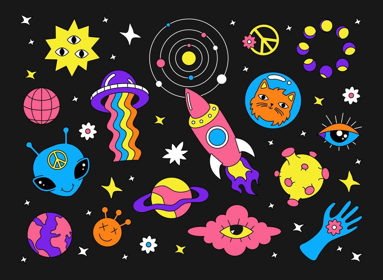 un conjunto de pegatinas retro psicodélicas. vintage y2k, ovni, extraterrestre, espacio, arcoiris. estilo hippie vector