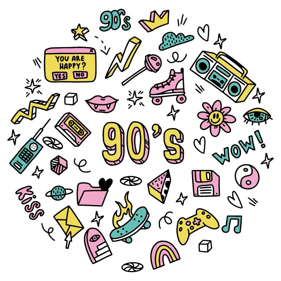 A large set of doodle drawings by hand. Sketches in the style of the 90s. 1990, cassette, videos, tape recorder, floppy disk vector