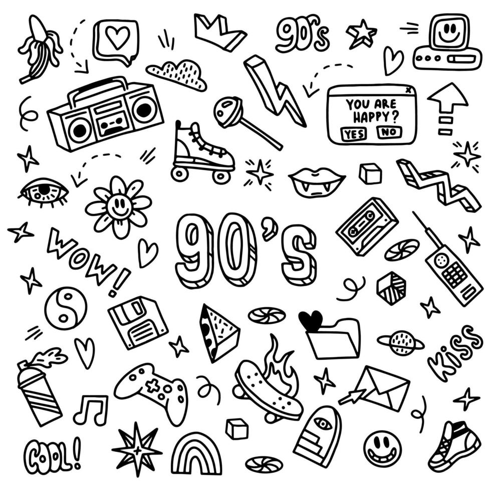 Back to 90s Stickers Pack. Retro Electronics Doodle Drawings