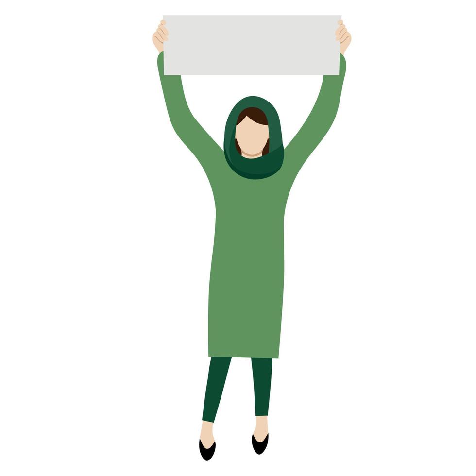 retrato de una mujer con un pañuelo en la cabeza sosteniendo un cartel en sus manos, vector plano aislado en fondo blanco, ilustración sin rostro, mujer musulmana, protestas de mujeres