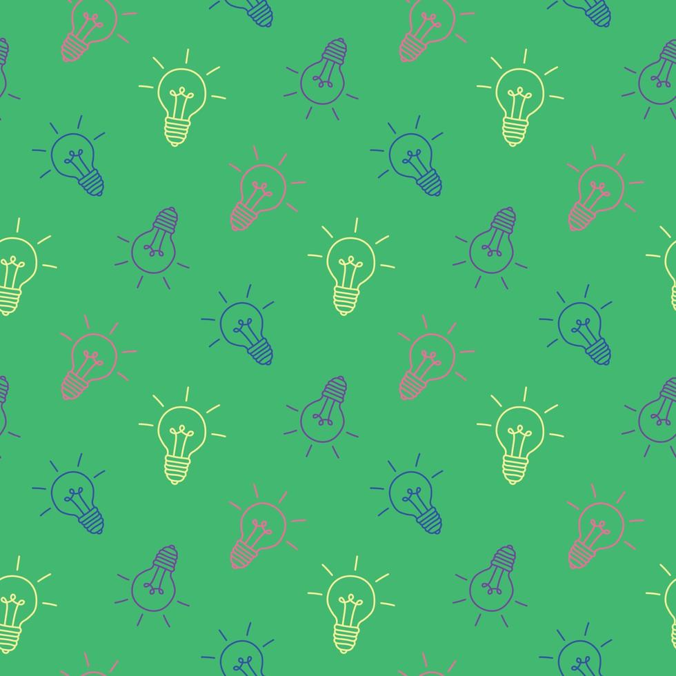 Hand drawn colorful light bulbs on green background, seamless pattern, flat vector