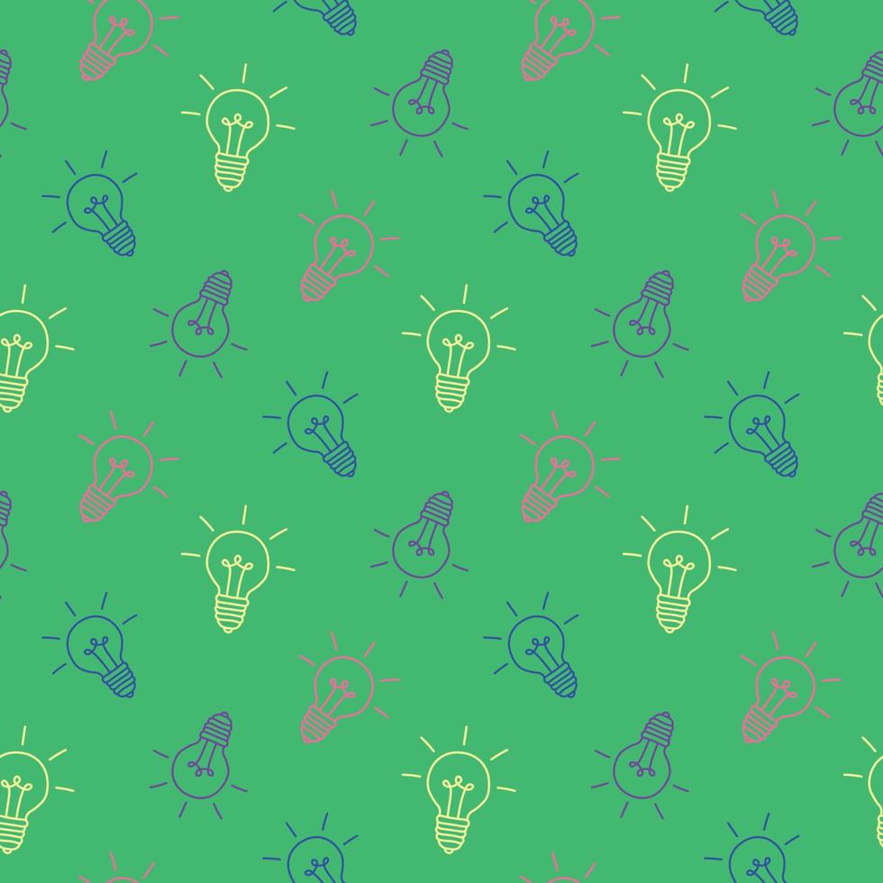 Hand drawn colorful light bulbs on green background, seamless pattern, flat vector