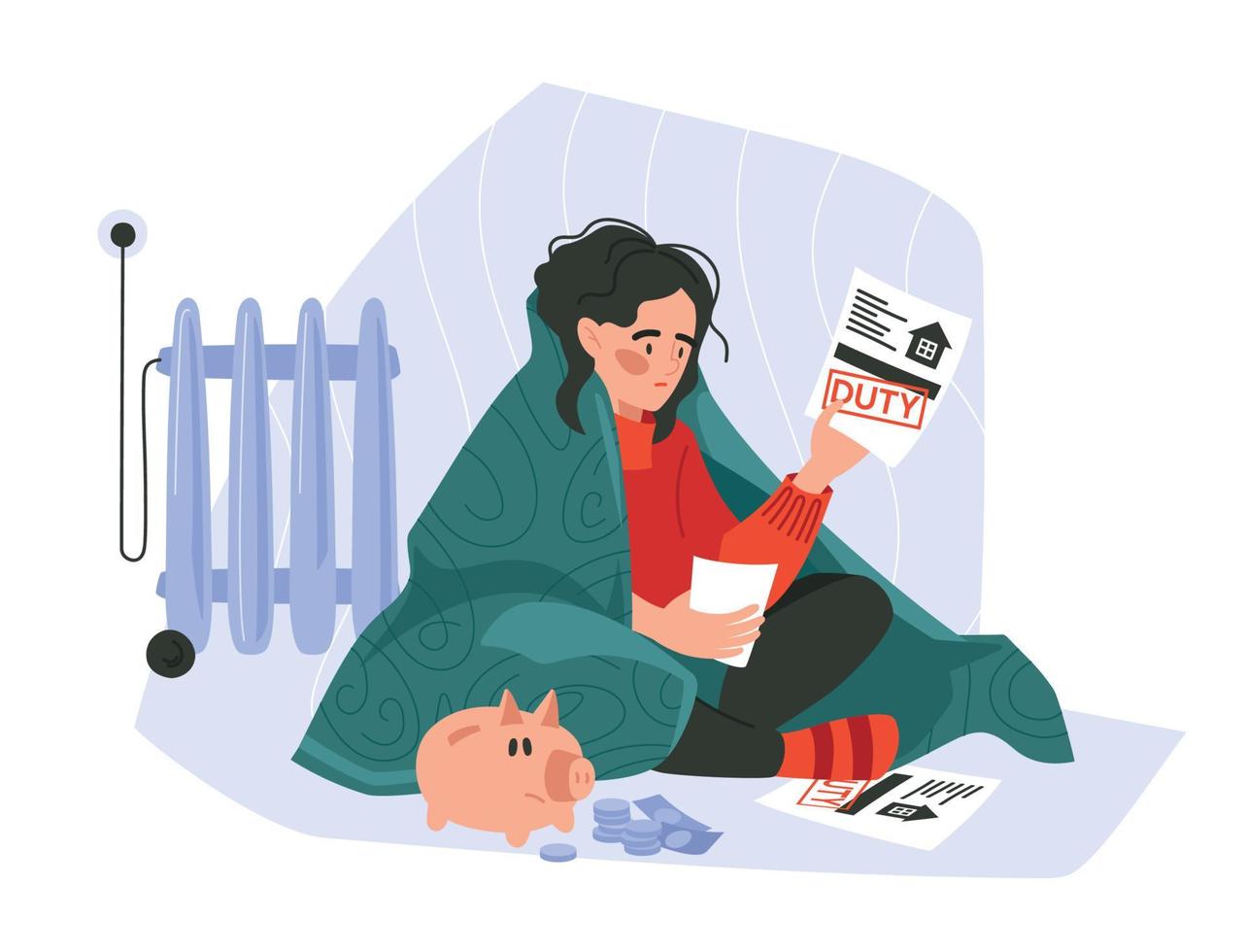 A girl wrapped in a blanket sits on the floor. Apartment bill. Debts for utility bills. Concept. Vector image.