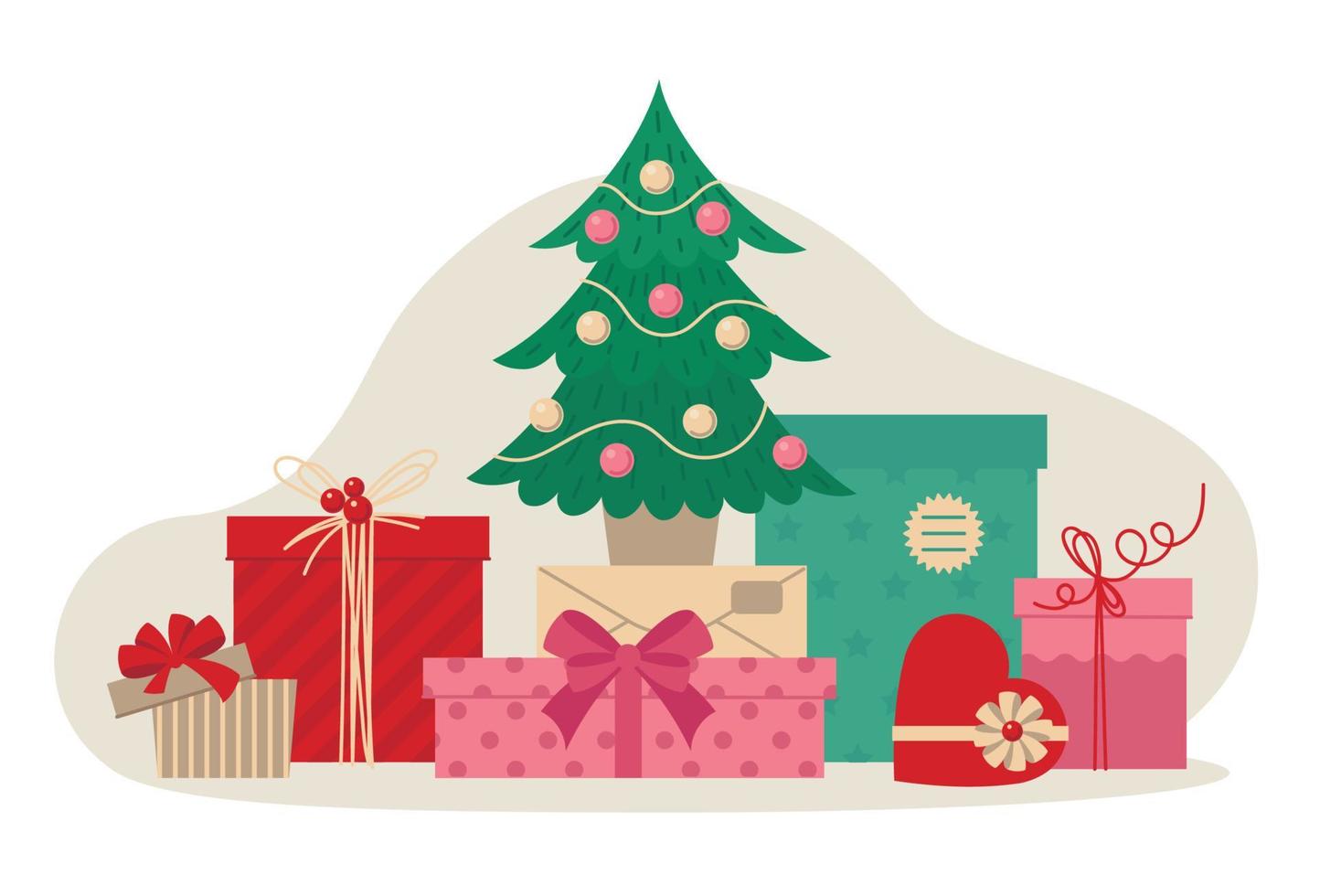 cajas de regalo con decoración navideña. árbol de Navidad. imagen vectorial vector