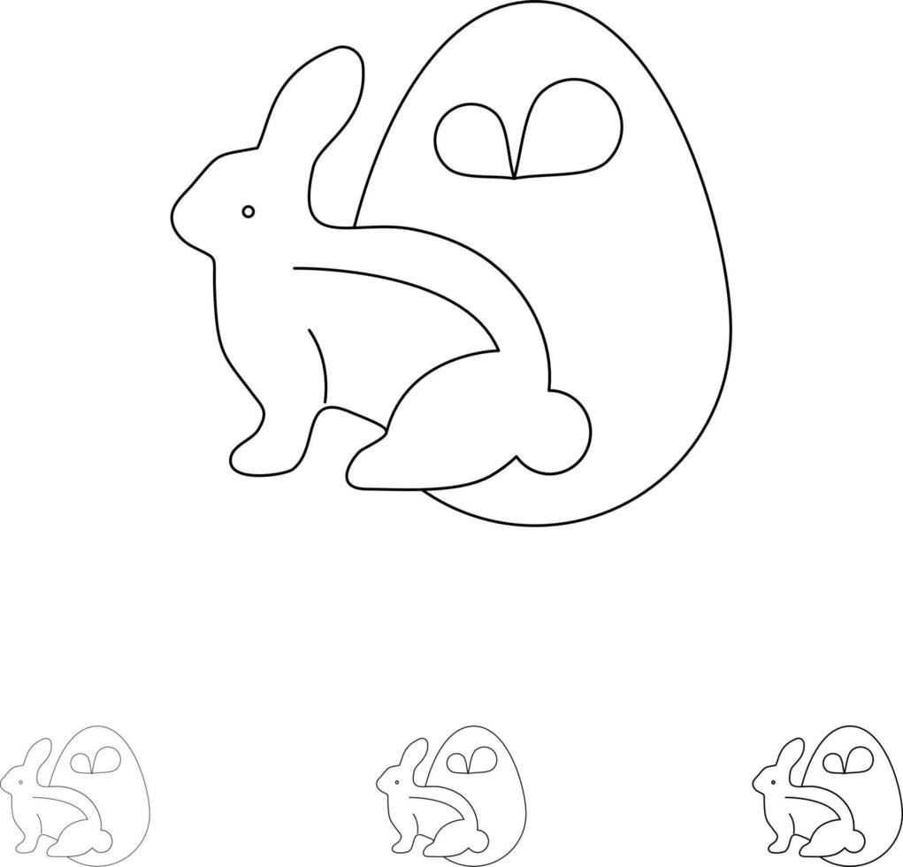 conejito de huevo conejo de pascua negrita y delgada línea negra conjunto de iconos vector