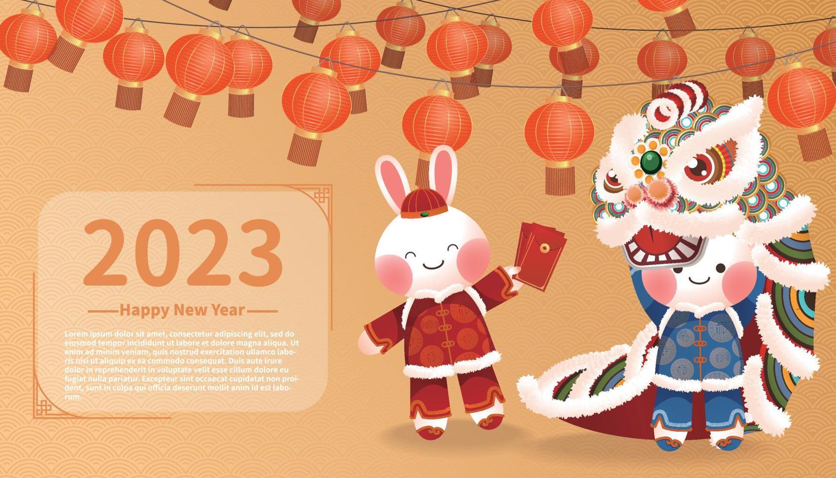 Texto de año nuevo chino 2023 con linterna y conejo. vector