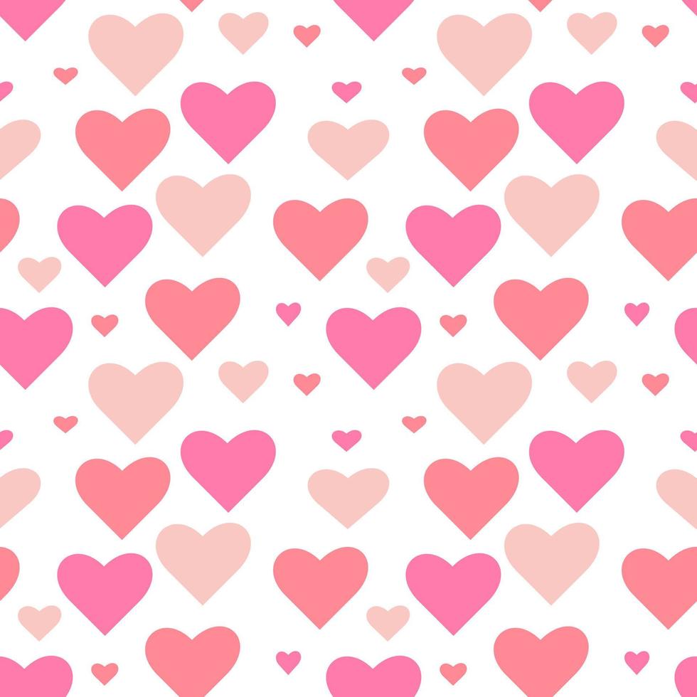 Pink hearts different sizes on white background. Seamless vector pattern.