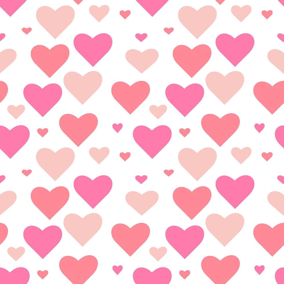 Pink hearts different sizes on white background. Seamless vector pattern.