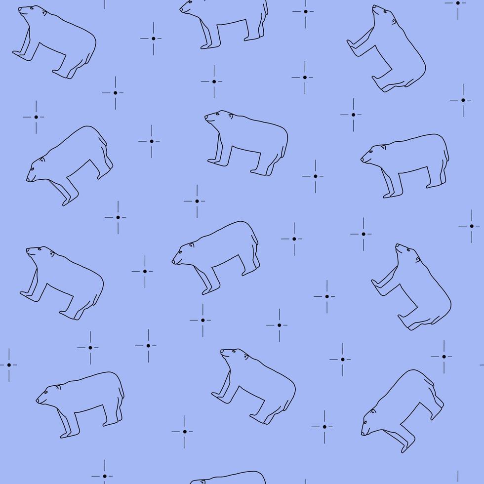 Polar bear seamless pattern on violet background. Contour vector line art.