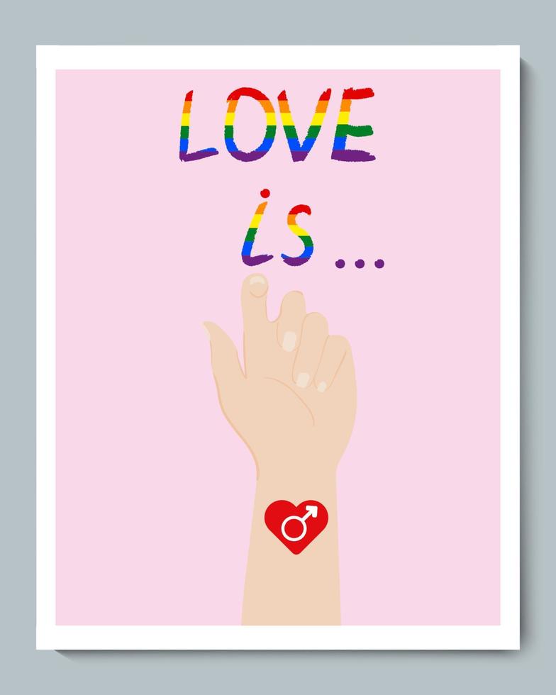 White Hand with Gender LGBT Heart Symbol and Doole Rainbow Inscription Love is ... vector