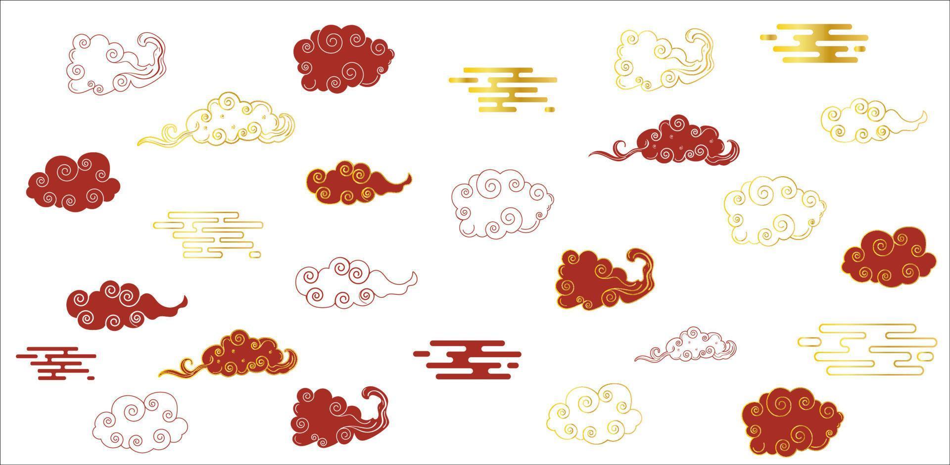 Chinese Cloud. Traditional Curved Red Golden Contour, Gradient Design Element vector