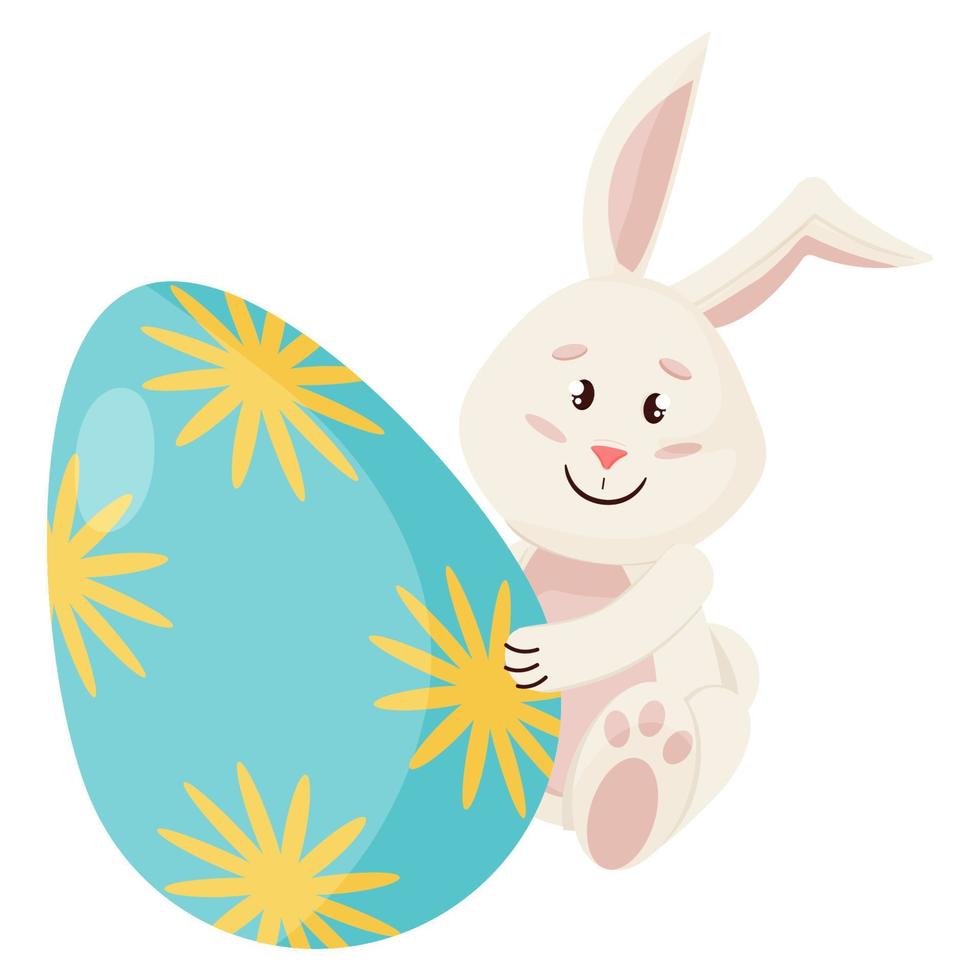 Bunny Character. Sitting and Smile Funny, Happy Easter Cartoon Rabbit with Egg vector