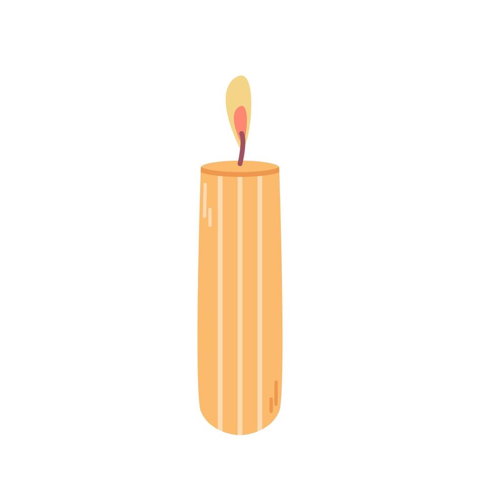 Lit orange candle on white background, vector flat illustration
