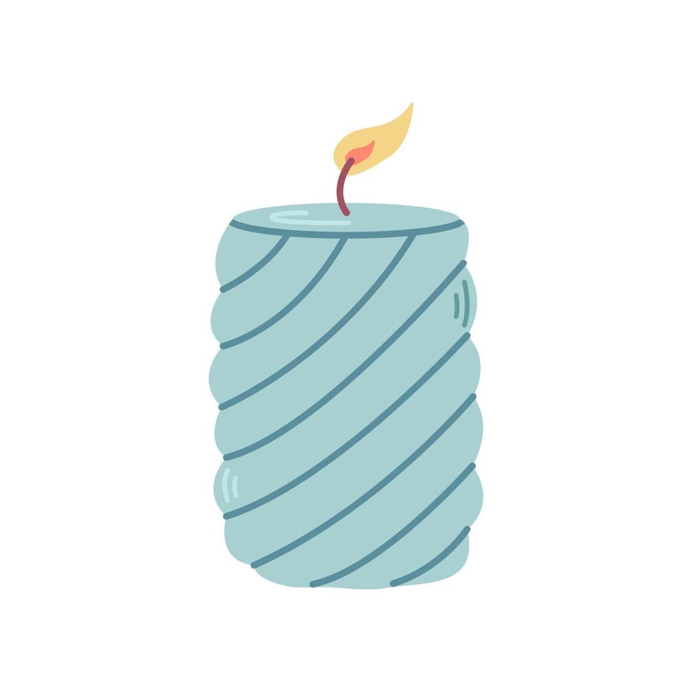 Lit candle in blue candlestick, vector flat illustration on white background