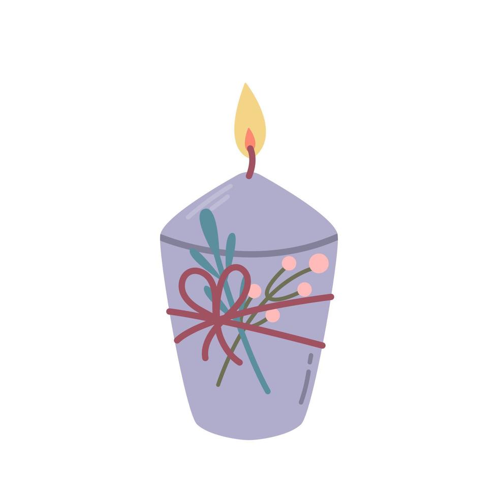 Lit aromatic lavender candle on white background, vector flat illustration