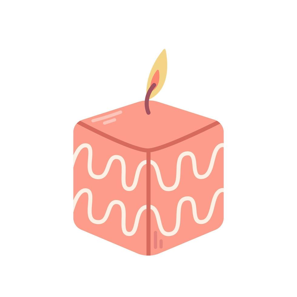 Lit pink scented candle in the shape of cube with pattern on white background, vector flat illustration