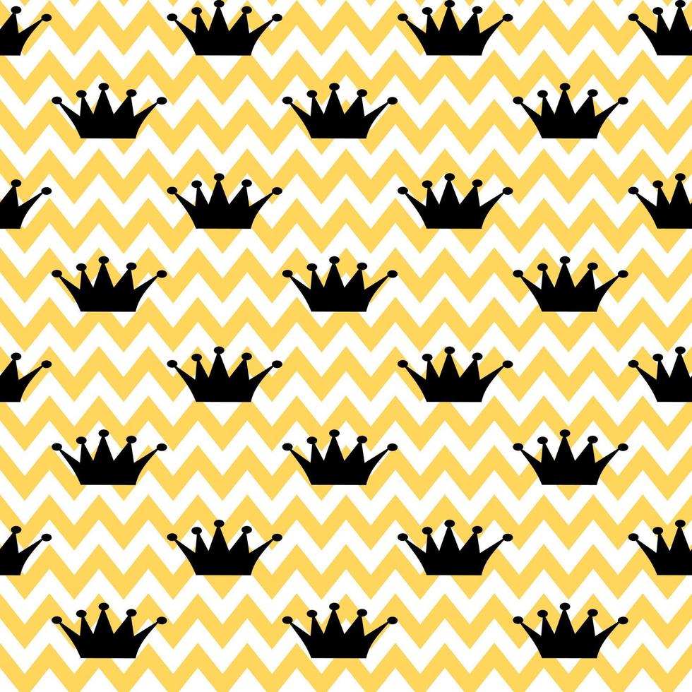 Vector seamless pattern. Princess black crown on zigzag white-yellow background. Holiday, wrapping, paper, gift, present, cloth, fabric, Christmas, baby, birthday, new year and Royal concept.