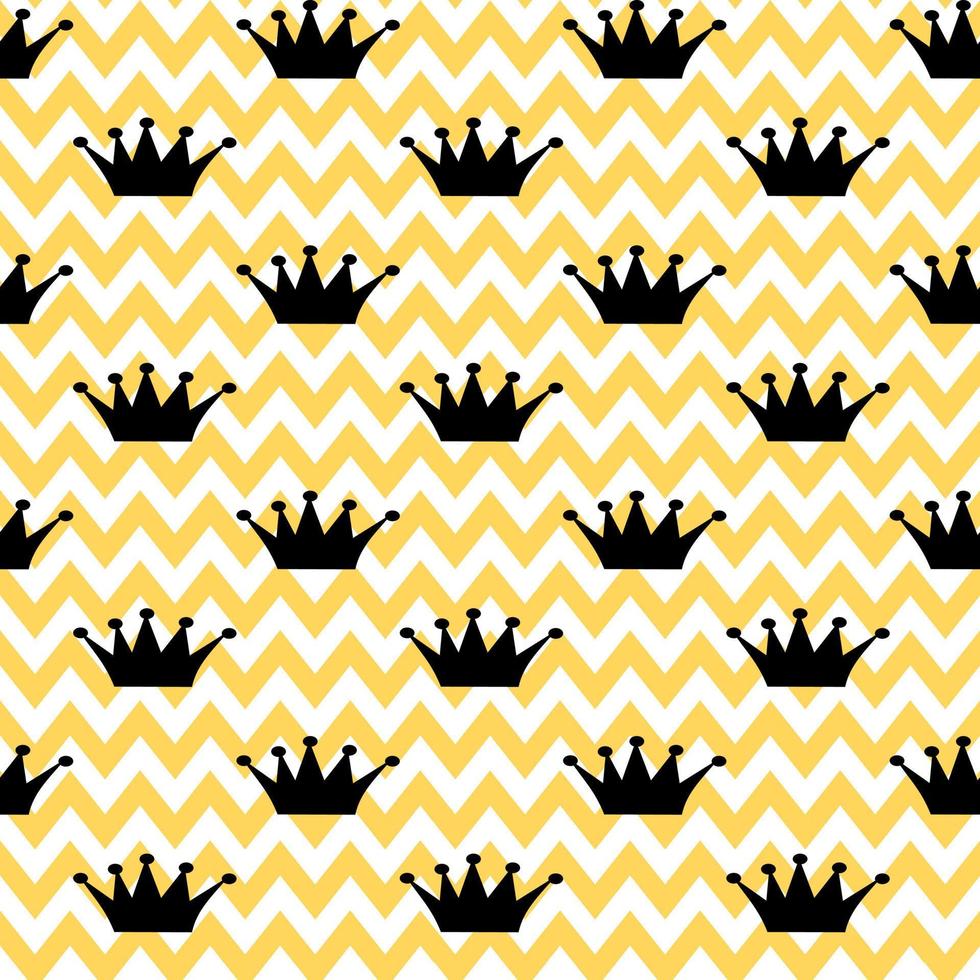 Vector seamless pattern. Princess black crown on zigzag white-yellow background. Holiday, wrapping, paper, gift, present, cloth, fabric, Christmas, baby, birthday, new year and Royal concept.