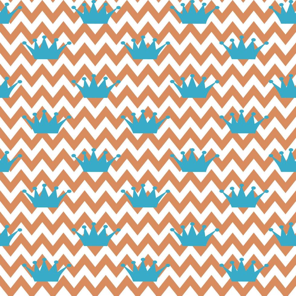 Vector seamless pattern. Princess blue crown on zigzag white-gold background. Holiday, wrapping, paper, gift, present, cloth, fabric, Christmas, baby, birthday, new year and Royal concept.